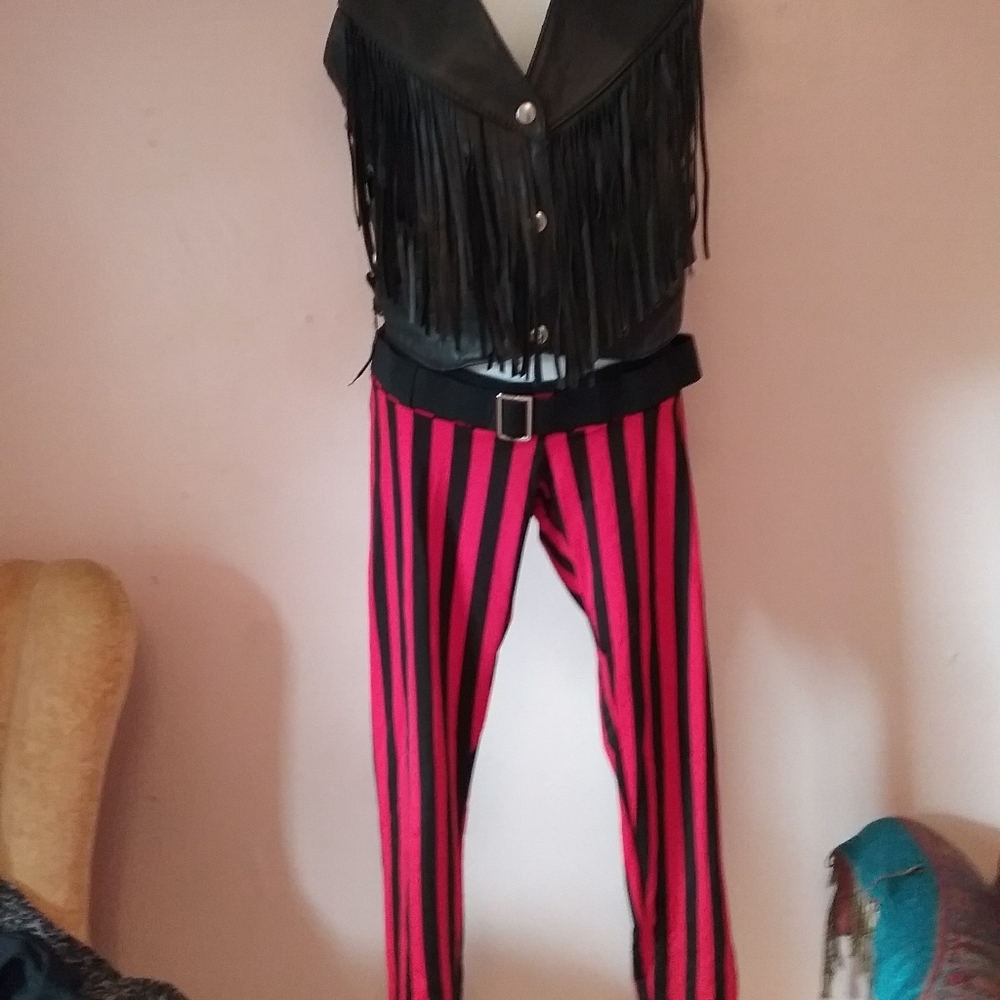 Crop leather fringe vest / stretchy very low pants